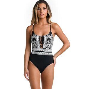 NWT, La Blanca Strappy Mio One Piece Swimsuit, Black Floral, Size 8